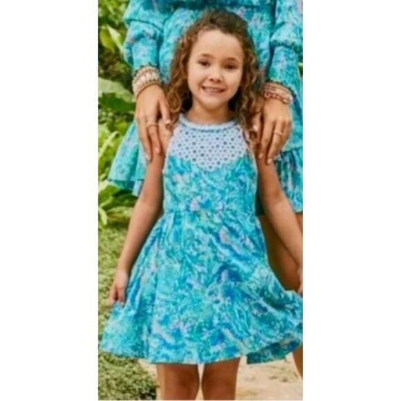 Lilly Pulitzer Kinley Dress Girls Size 3 Surf Blue Coral of the Story Excellent - Picture 2 of 8